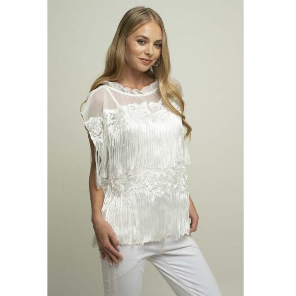 Anthropologie Eva Franco Babs Fringe Sleeveless White Top in Mesh Meringue - Picture 4 of 5